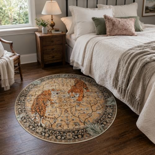 Moynesa Boho Tiger 5ft Round Area Rug, Washable Vintage Living Room Rug - Image 5