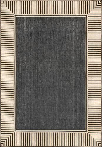 Nuloom Asha Dark Grey/Ivory, 4' x 6', Casual, Striped Border, Soft and Cozy, High Traffic, Stain Resistant, Easy Clean, Durable Area Rug for Indoor/Outdoor Patio, Deck, Porch, Garden, Courtyard - Image 2