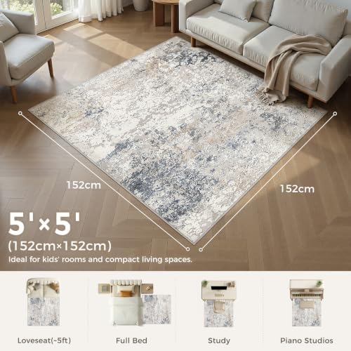 DMOYEST Square Area Rug Living Room Rugs - 5x5 Washable Large Soft Indoor Neutral Modern Abstract Low Pile Rug Carpet for Bedroom Dining Room Farmhouse Home Office - Beige Blue - Image 2