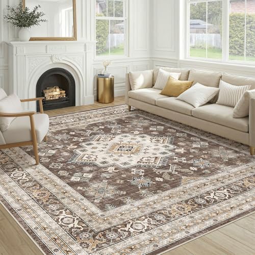 cotiled 9x9 Area Rug for Living Room, Washable, Traditional, Dark Brown by COTILED