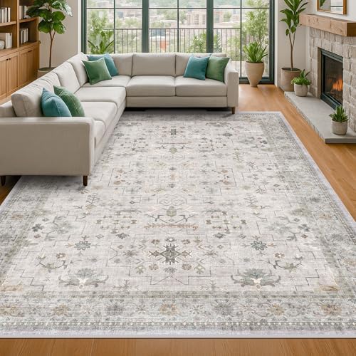 Boho Living Room Rug 7x10 - Washable Light Gray & Sage Area Rug for Dining Under Table, Low Pile Non-Slip Large Bedroom Carpet, Modern Eclectic Geometric Neutral Floral Décor by HazoHaus