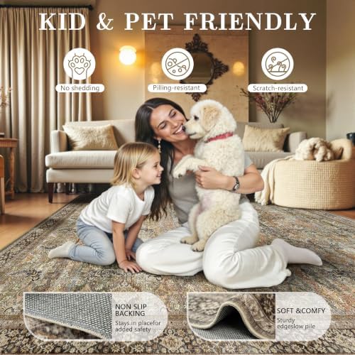 8x10 Area Rugs for Living Room - Washable Vintage Retro Large Rug, Soft Ultra Thin Non Slip Low Pile Traditional Distressed Boho Carpet for Bedroom Dining Room Home Office, Beige & Terracotta - Image 5