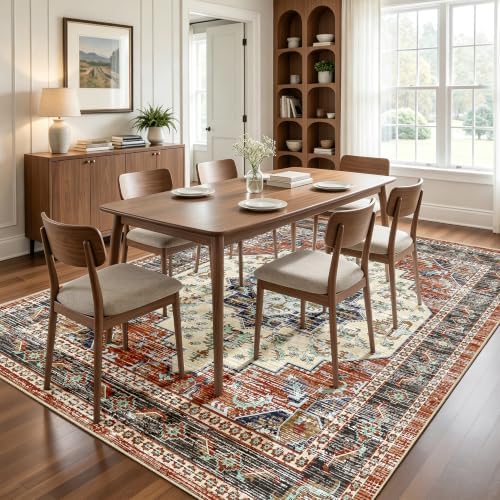Area Rugs 5x7 Washable Non-Slip Boho Rug for Living Room, Taupe Red - Image 6