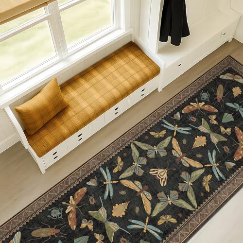Black Insect 2'6"x12' Washable Extra Long Runner Rugs for Hallways, Non Skid Stain Resistant Wide Rug Runners for Kitchen, Entryway, Mudroom, Dark Cottagecore Boho Butterfly Pattern Indoor Décor by HazoHaus