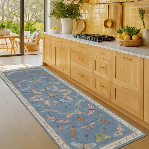 Hazo Haus 2x7 Washable Bedroom Runner Rug, Blue Boho Non Slip Rug for Kitchen, Bathroom, Laundry Room & Hallway, Rubber Backed Insect Print Runner Carpet - Image 3