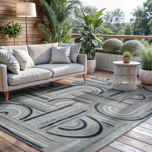 CAMILSON Indoor Outdoor Rug, Blue 5x7 Geometric Arch Striped Area Rugs for Patio and Home Areas, Easy-Cleaning Non-Shedding Living Room, Garden and Deck Washable Outside Carpet (5 x 7) by CAMILSONIndoorOutdoorAreaRugs