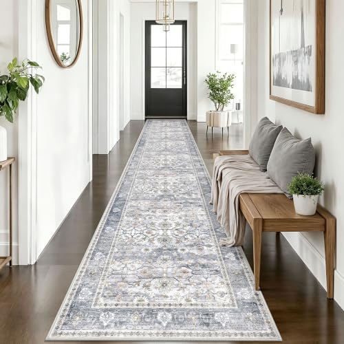 KUTA Vintage Washable Runner Rug 2.6x14 Kitchen Runners Grey Blue by KUTA