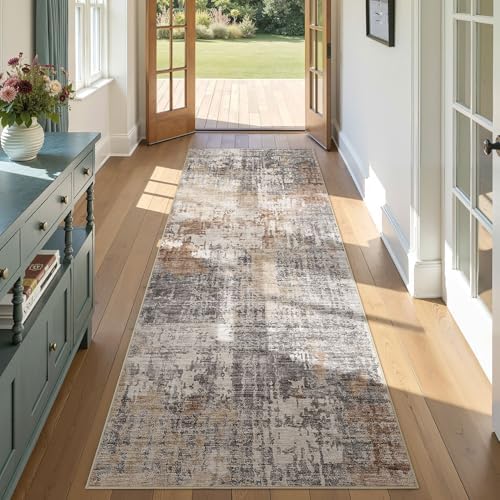 DMOYEST Washable Runner Rug for Hallway: 3x8 Neutral Modern Abstract Low Pile Area Rug with Non-Slip Backing - Carpet for Bedroom Kitchen Laundry Entryway Bathroom Indoor - Grey Brown by DMOYEST