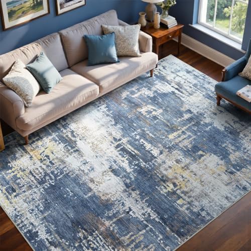 8x10 Ft Abstract Washable Area Rugs for Living Room Gold Blue - Image 2