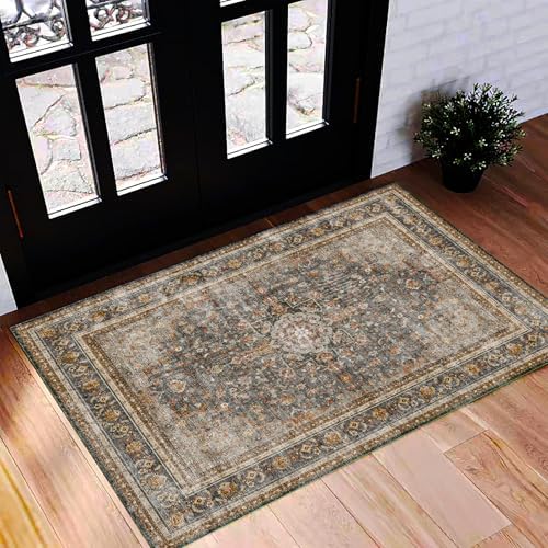 CHAMPLANT Washable Area Rug 2'x3' Door Mat Vintage Distressed Doormat Indoor Entrance Traditional Thin Rug Floral Print Non Slip Carpet for Kitchen Bathroom Bedroom Living Room by CHAMPLANT