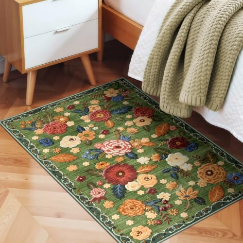 Washable 2x3 Small Area Rug, Green Boho Floral Non-Slip Entryway Door Mat - Image 3