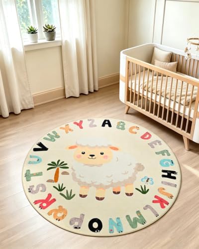 TWINNIS Kids Animal Print Round Rug for Playroom, Alphabet Washable Area Rugs for Boy Girl Baby Toddler Children, 5x5 Cute ABC Mat Play Carpet Nursery Bedroom Decor, Sheep - Image 2