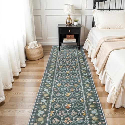 2.6x12 Kitchen Runner Rug Washable - Vintage Non Slip Hallway Rugs Low Pile Carpet for Bedroom Laundry Soft Indoor Floor Mat - Safe Durable Choice for Married Women with Kids & Pets 2’6x12 Green - Image 3