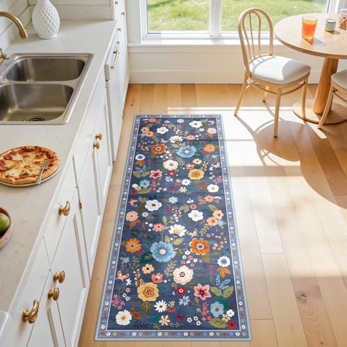 Floral Washable 2x5 Area Rugs Runner Entryway Hallway Blue/Grey - Image 2