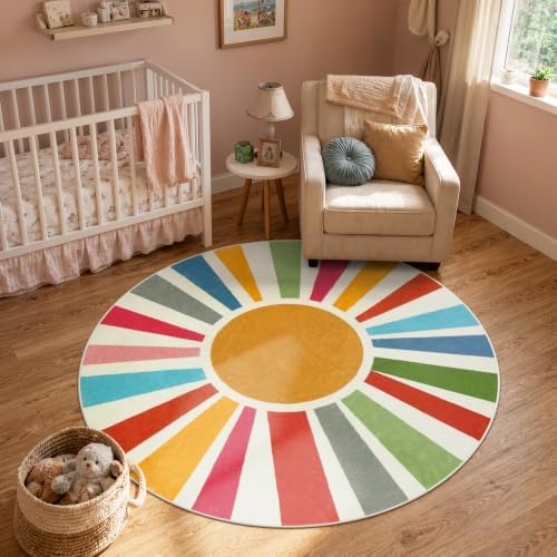 STARUIA Small Round Rug 4 Ft Washable Round Rug for Kids Room, Colorful Sun Circle Rug for Playroom, Non-Slip Circular Office Carpet Soft Rainbow Rug for Bedroom Reading Corner Dorm - Image 5