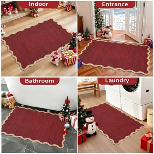 GarveeHome Christmas Rugs 2x3 Scalloped Door Mat Washable Small Bathroom Rug Non Slip Kitchen Rug No-Shedding Floor Mat, Easy to Care, Foldable Indoor Decorative Rugs for Entrance Kitchen, Red - Image 3