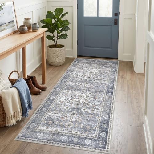 KUTA Vintage Washable Runner Rug 3x6 Grey Blue Wide Hallway Runner by KUTA