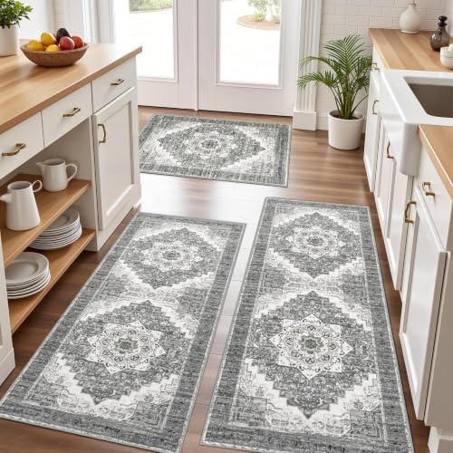 Kitchen Rugs Sets of 3 100% Non Slip Washable Kitchen Mats for Floor, Grey2 by Tritard