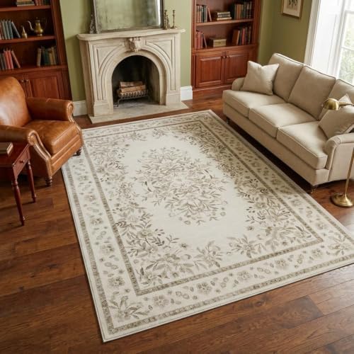 GarveeHome 4x6 Bordered Rug for Bedroom Botanical Beige Floor Carpets by GarveeHome