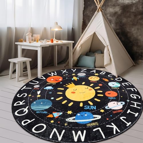 Round ABC Kids Rug,5.2 Ft Soft Circle Alphabet Playroom Rug,Washable Non-Slip Solar System Kid Play Mat,Space Educational Rugs Kids Carpet for Classroom Playroom Bedroom Kids Room Decor(for Age 2+) by AKASISRUG