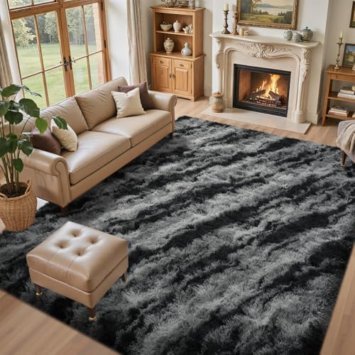 5x7 Ft Large Shag Rug for Living Room Bedroom,Tie-Dyed Ultra Soft Fluffy Furry Area Rug, Aesthetic Carpet for Indoor Floor Home Decor (Black) by Lo%CC%80utiRootHome