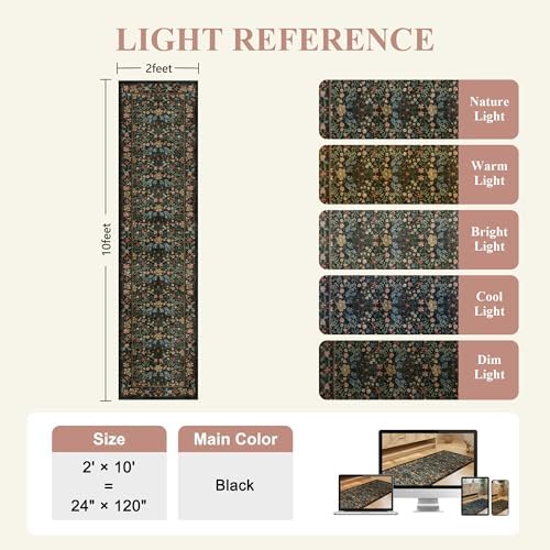DUKINO 2x10 Runner Rug, Washable Vintage Floral Kitchen Rug, Black - Image 2