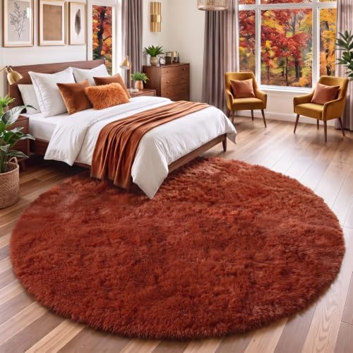 Amdrebio Terracotta Large Furry Round Rug 6Ft for Living Room Kids Bedroom - Image 3