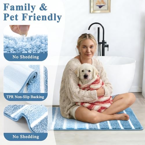 Yamaziot Blue Bathroom Rugs Set 3 Piece Washable Non Slip Striped Mat - Image 4
