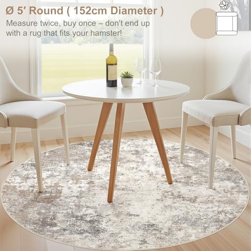 UERMEI 5ft Round Area Rug Living Room Rugs - 5x5 Washable Neutral Modern Abstract Soft Thin Rug Indoor Floor No Slip Rug Carpet for Bedroom Under Dining Table Home Office Decor - Brown Grey - Image 4