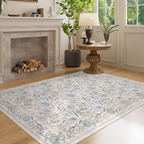 DUKINO 3x5 Rug Washable Vintage Floral Bedroom Area Rug Non Slip Cream Blue - Image 5
