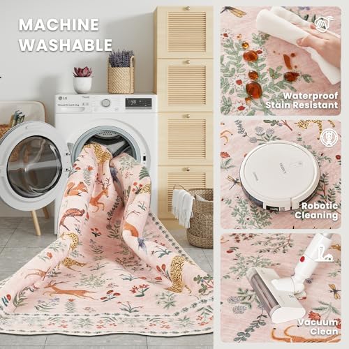 5x7 Pink Animal Washable Area Rug for Living Room, Vintage Print - Image 3