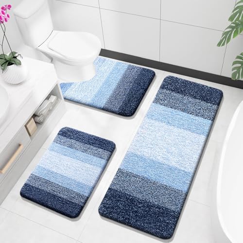 OLANLY Microfiber Bathroom Rugs Sets 3 Piece, Absorbent Bath Mats, Navy by OLANLY