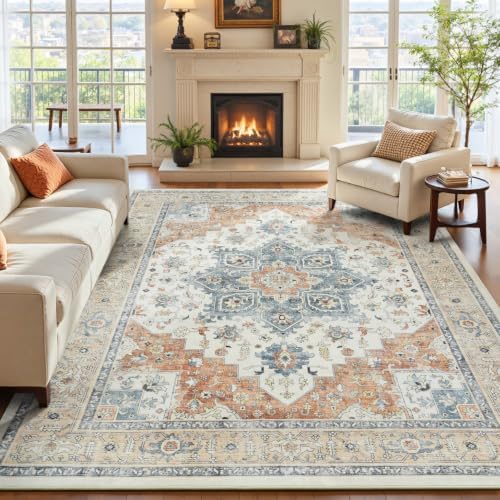 8x10 Area Rugs for Living Room, Boho Washable Rug Beige & Orange by Vibrug