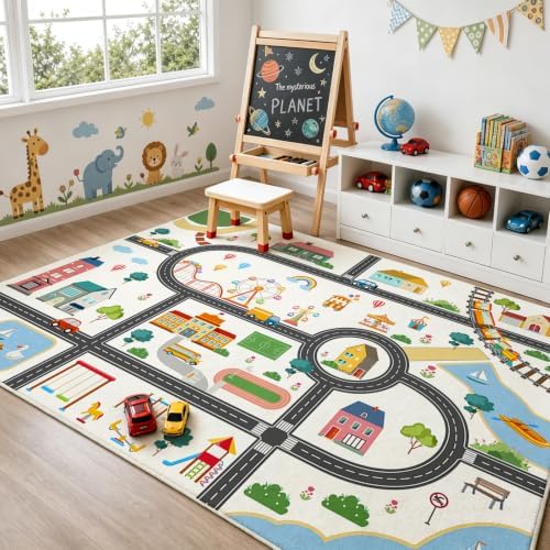 Car Rug Play Mat for Kids, Non Slip Train Track Car Rug Town City Road Map Playmat for Children, Washable Carpet for Boy Playroom Bedroom - 3x5 Ft by Bildenly