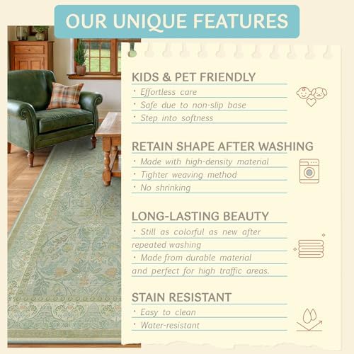 Large 8x10 Bedroom Area Rug, Washable Living Room Rugs, Floral and Botanical Shabby Chic Décor, Non Slip & Low Pile Soft Carpet (Sage Green) - Image 6