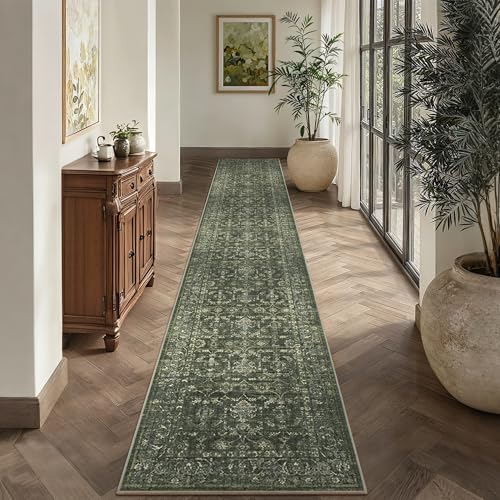 2x12 Washable Kitchen Runner Rug Soft Vintage Dark Green Throw Carpet - Image 3