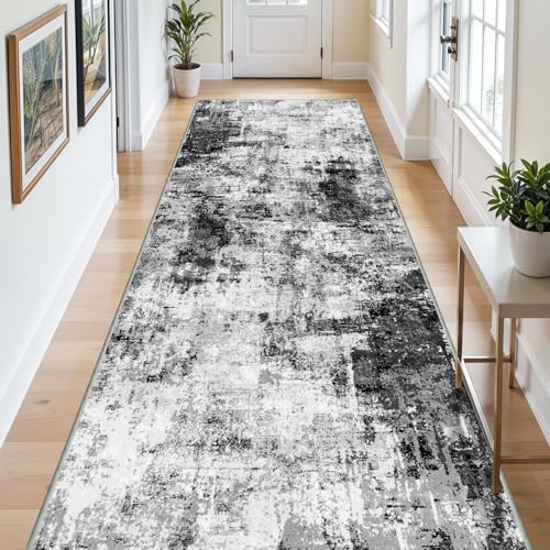 4x12 Runner Rug for Wide Hallway: Long Washable Runners for Entryway Living Room Dining Room - Stain and Water Resistant Rugs with Non-Slip Backing - Soft Low-Pile Carpet Black Grey - Image 2