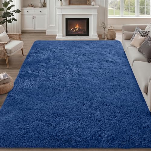 8x10 Area Rug Living Room Bedroom: Fluffy Plush Shag Carpet Blue by Luxturiy