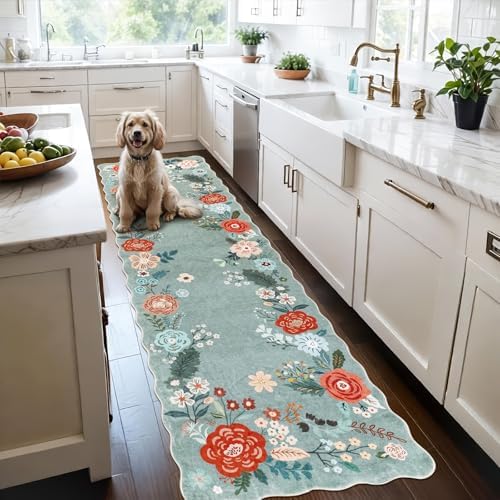 3x8 Runner Rug, Washable Kitchen Rugs with Non-Slip Backing, Low Pile Soft Boho Vintage Runner Carpet for Hallway, Kitchen, Entryway, Laundry, Bedroom, Green by Homcomoda