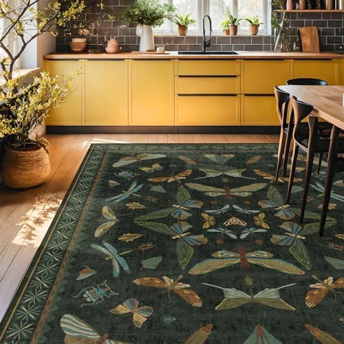 Hazo Haus Dark Green Insect Area Rugs 8x10 for Living Room, Dining Room Under Table, Bedroom, Unique Washable Floral Non Slip Low Pile Soft Rug - Image 3
