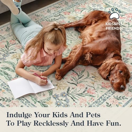 Lahome Boho Beige Rugs for Living Room 6x9, Washable Kids Rugs for Bedroom Girls, Farmhouse Soft Baby Carpet for Nursery, Non-Slip Carpet for Dining Room Playroom, Beige - Image 4