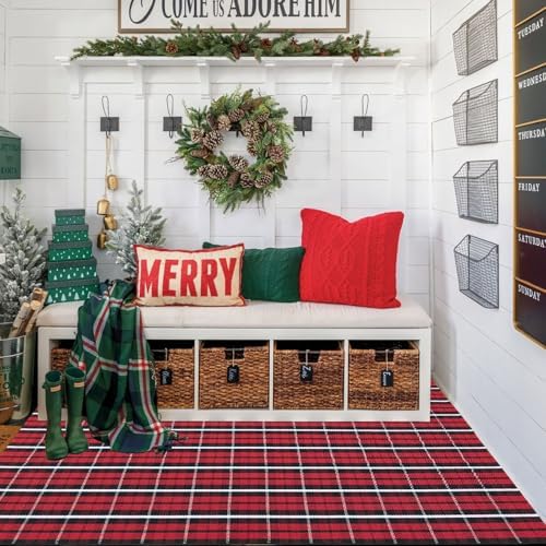 Buffalo Plaid Outdoor Rug, 4' x 6' Christmas Red & Black Check Indoor/Outdoor Area Rug, Layering Rug for Hello/Welcome Door Mat, Machine Washable Cotton Woven Farmhouse Mat for Front Porch Decor - Image 3