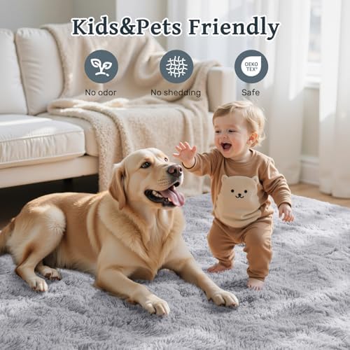 5x7 ft Light Grey Rug for Living Room Fluffy Bedroom Rug Non-Slip Area Rugs Shag Carpet for Nursery Kids Play Room Dorm Office Indoor Modern Plush Carpets Boys - Image 6