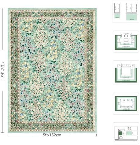 5x7 Area Rugs, Vintage Washable Rug for Bedroom, Indoor Non-Slip Rugs for Living Room, Dining Room, Low Pile Home Decor Floral Rug(Green Floral) - Image 2