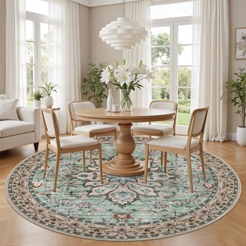 Round Area Rug for Living Room: 6ft Boho Washable Rug Brown Green - Image 3