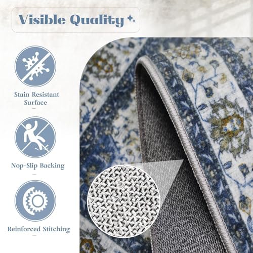 Area Rug 6x9 Washable Rug, Vintage Boho Medallion Rugs Non-Slip Soft Low Pile Large Distressed Rug Indoor Retro Carpet for Living Room Bedroom Dining Room Home Office (Vintage Blue, 6'x9') - Image 7