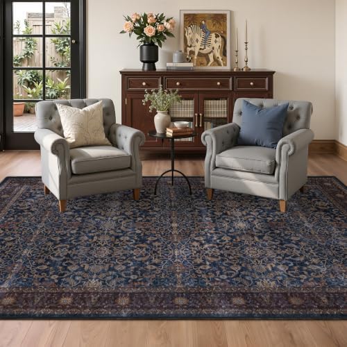Washable Area Rug 4'x6' Living Room, Vintage Old Money, Dark Blue by Jainmy