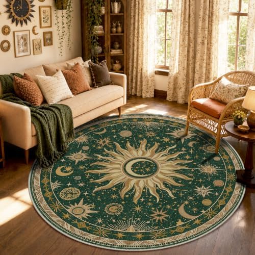 Vacuum-Friendly, Round 6ft Washable Area Rug, Green Gold Yellow by meejou