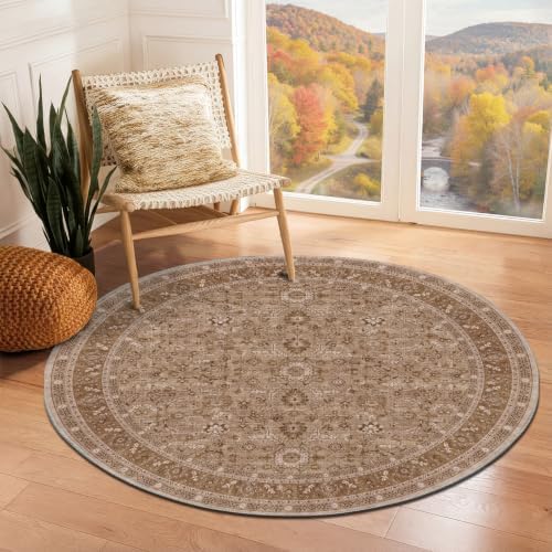 OPPODREAM Vintage Light Brown Area Rugs 4' Round, Rug for Living Room by OPPODREAM