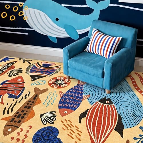 jinchan 5x7 Coastal Area Rug Washable Kids Rug Colorful Ocean Fish Mat, Tan - Image 6